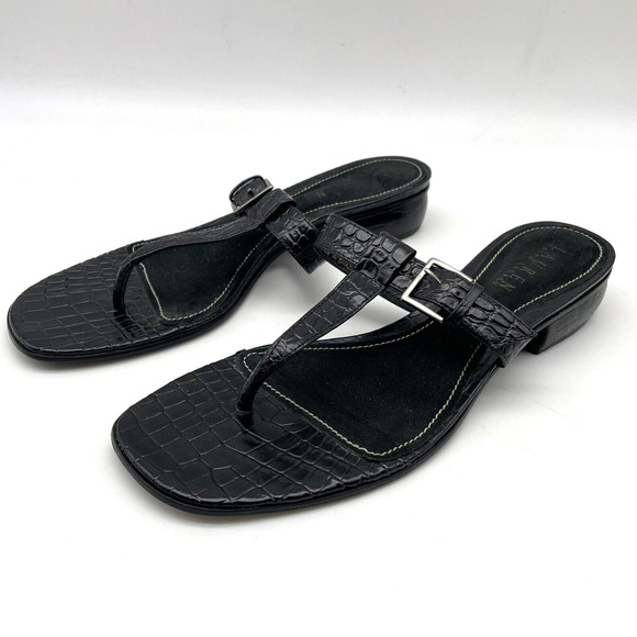 Vintage 90s Lauren Ralph Lauren DONCIA Black Croc Leather Buckle Sandals 7.5B - Picture 2 of 16